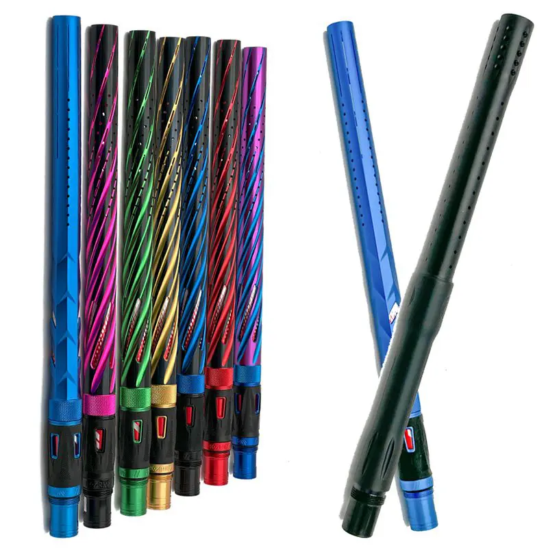 Colorful paintball barrels in various designs.