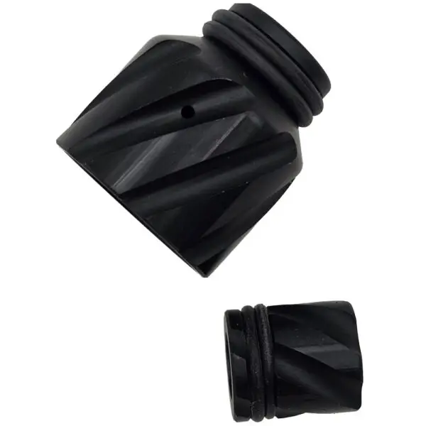 Black, spiral-shaped mechanical parts on white background.