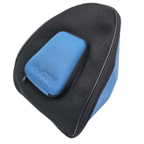 Blue ergonomic mesh back support cushion.