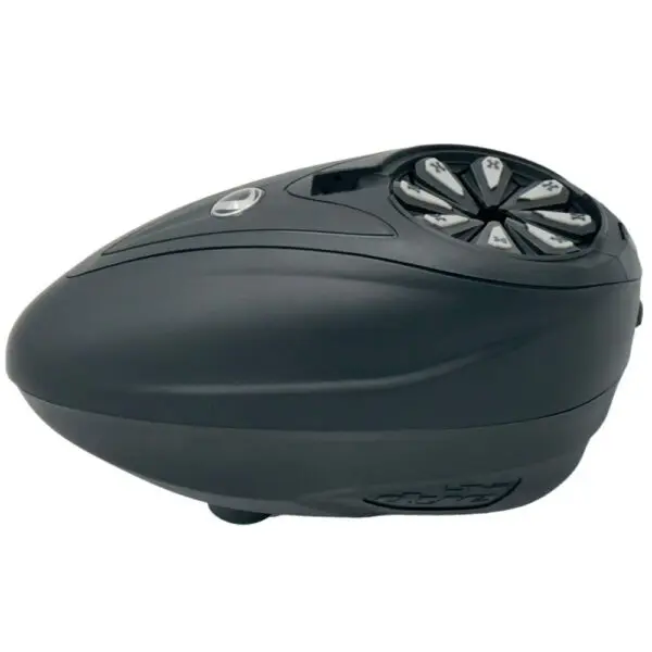 Black motorcycle Bluetooth communication device on white background.