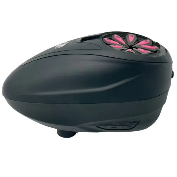 Black electronic paintball hopper with pink accents.