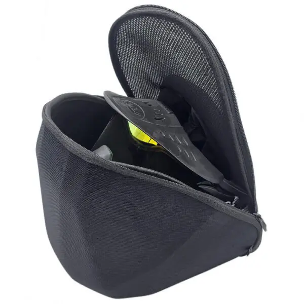 Black travel case with open zipper lid.