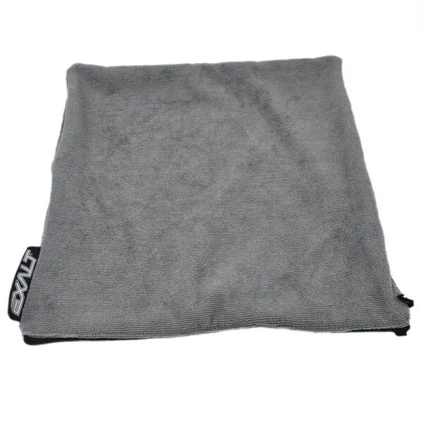 Gray microfiber cleaning cloth with label.