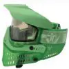 Green paintball mask with visor and strap.
