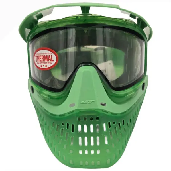 Green thermal paintball mask with tinted lens.