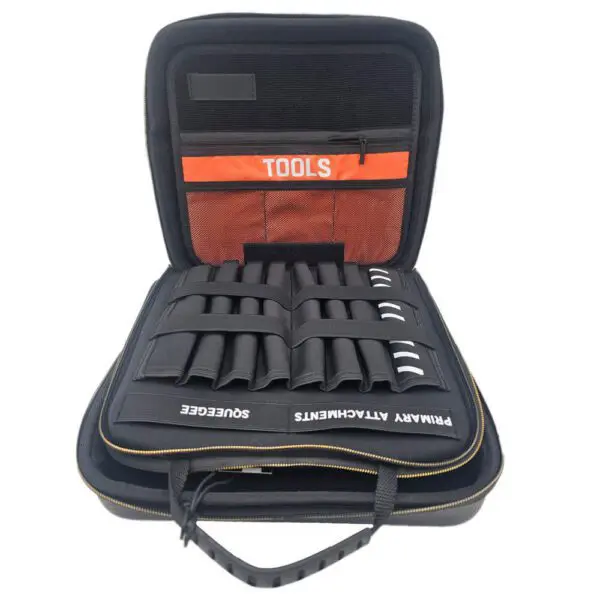 Tool kit with organized compartments and labels.