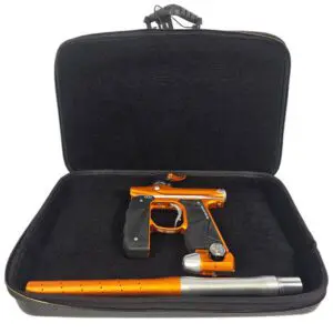 Orange paintball gun in black carrying case.