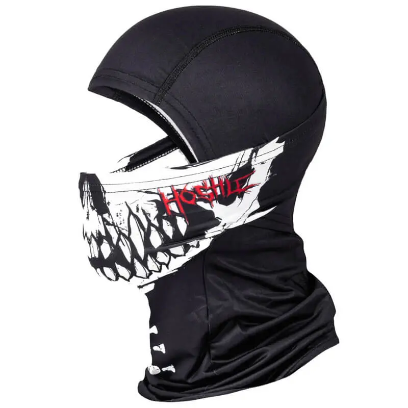 Black skull balaclava with white design.