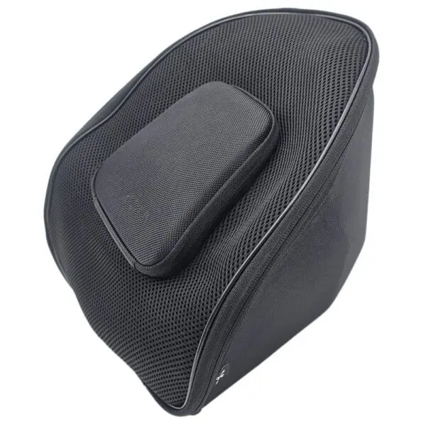 Black ergonomic cushion with mesh fabric cover.