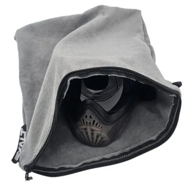 Paintball mask inside a gray protective pouch.