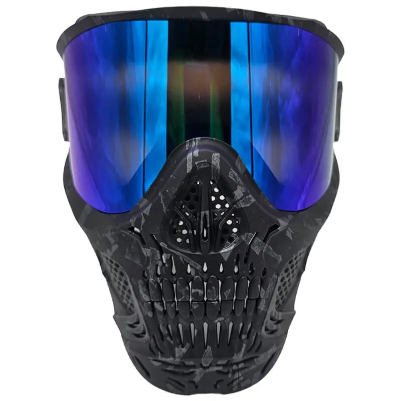 Futuristic mask with blue reflective visor.