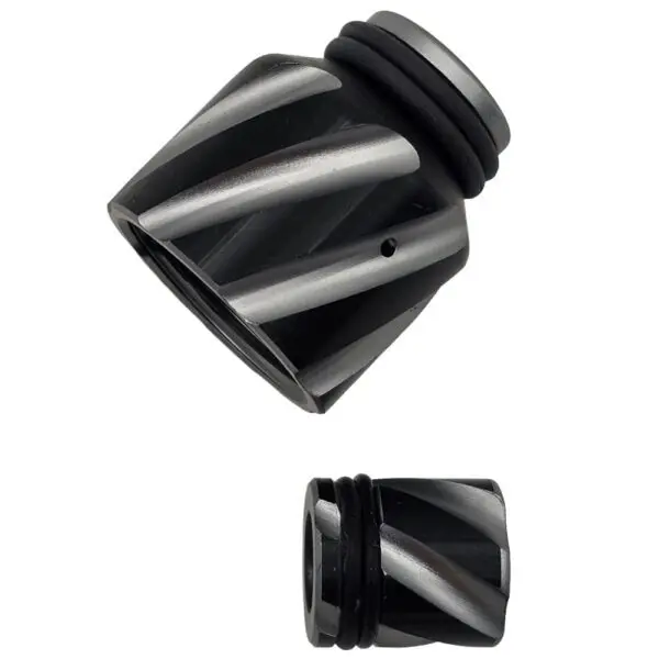 Black and silver diagonal striped nozzle attachment.
