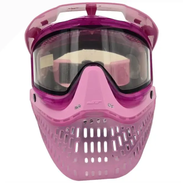 Pink paintball mask with clear visor.