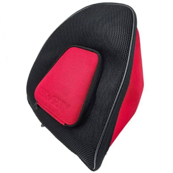Red and black ergonomic back cushion.