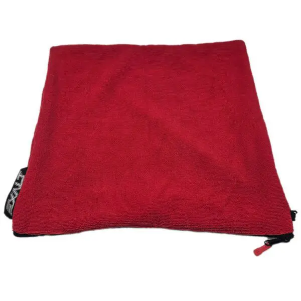 Red microfiber towel with black edges.