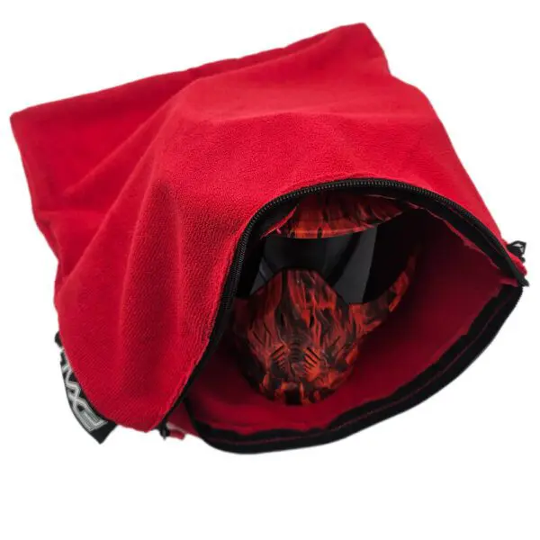 Red hooded mask with black visor.