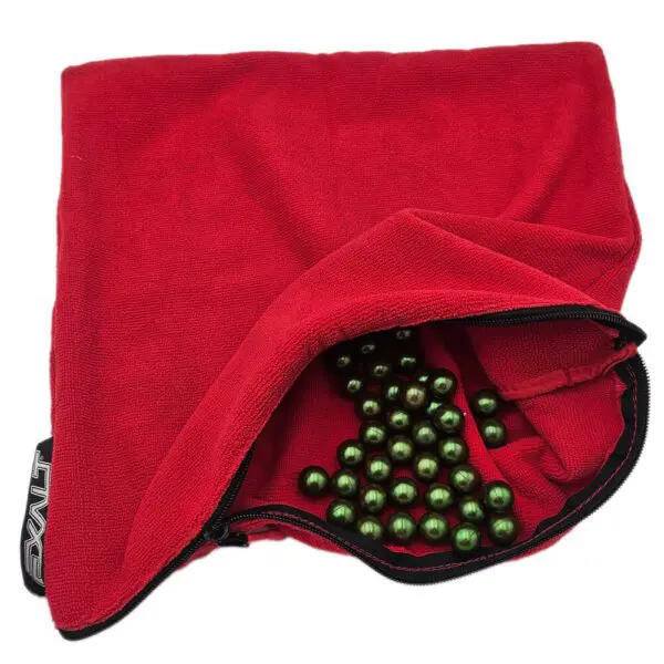 Red microfiber cloth with green paintballs.