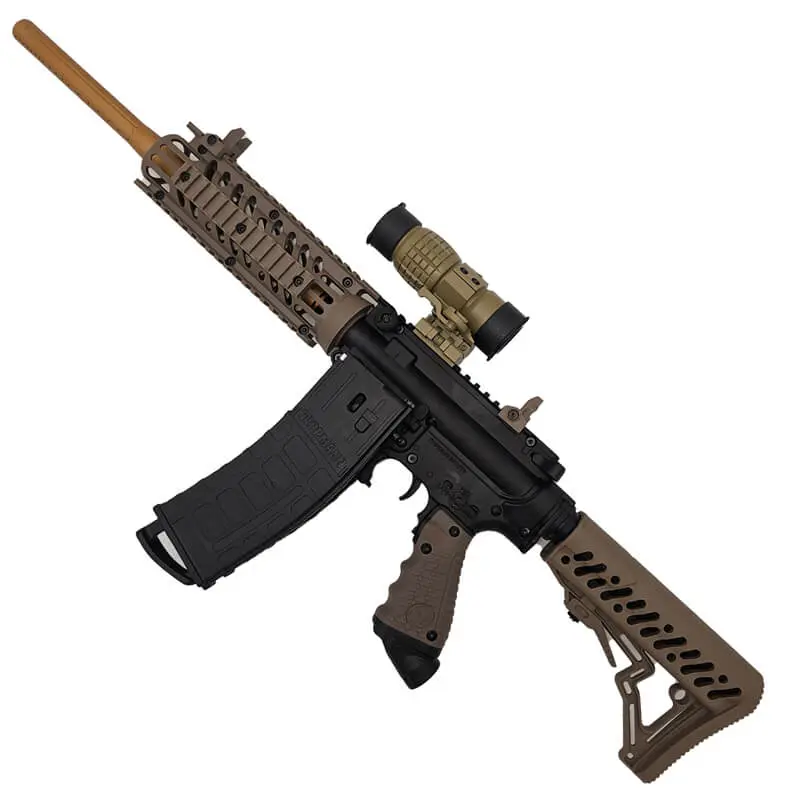 Toy rifle with scope and brown accents.