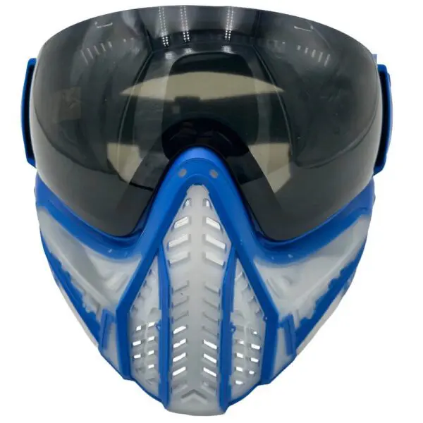 Blue and white paintball mask with visor.