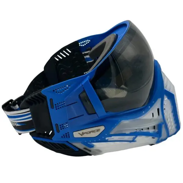 Blue and white paintball mask with visor.