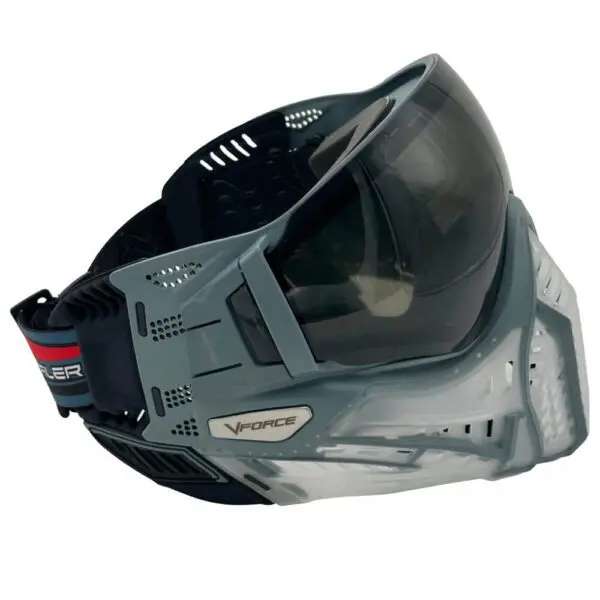 Paintball mask with tinted visor, gray design.