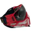 Red and white paintball mask, side view.