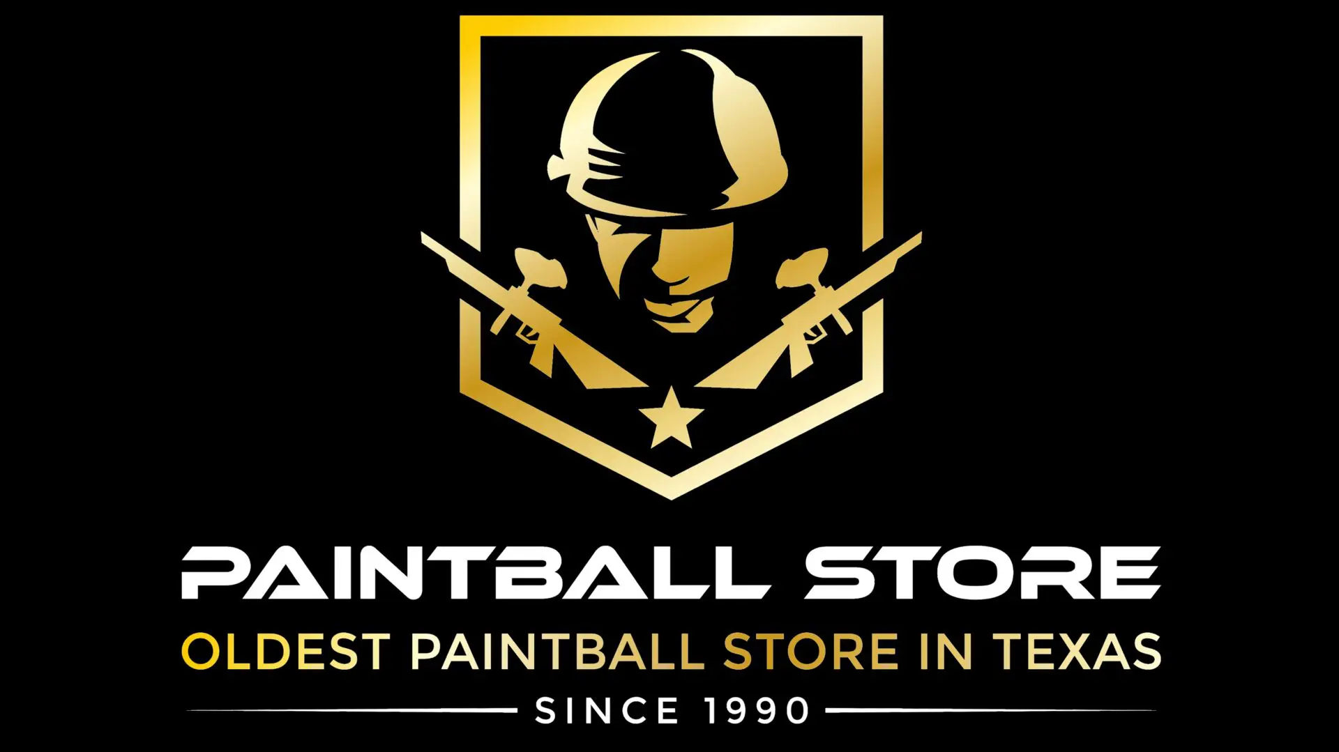A gold and black logo for the paintball store.
