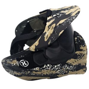 Camouflage paintball mask with goggles.