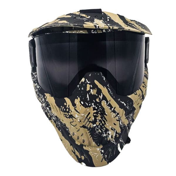 Camouflage paintball mask with goggles.