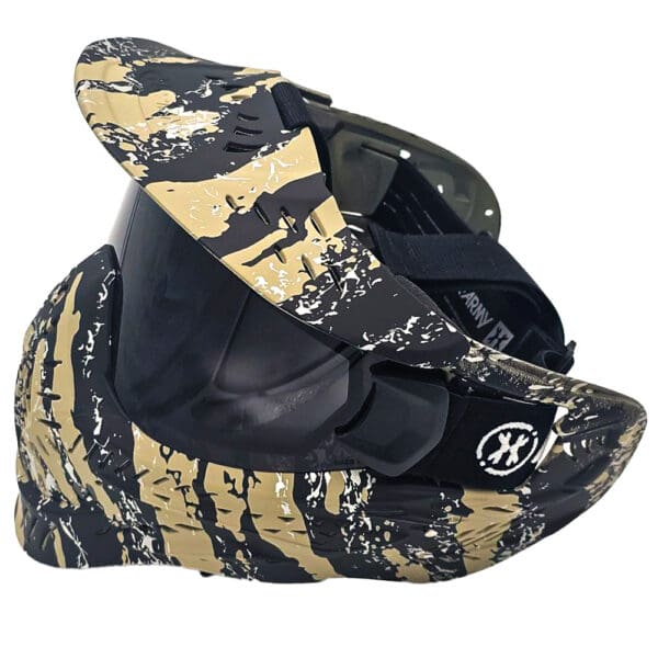 Camouflage paintball mask with visor.