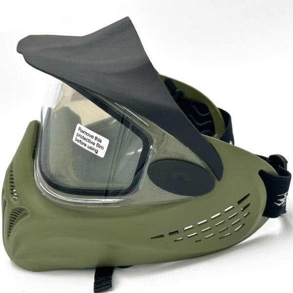 Green paintball mask with visor and strap.