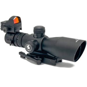 Black rifle scope with red dot sight.