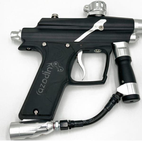 Black and silver paintball gun.