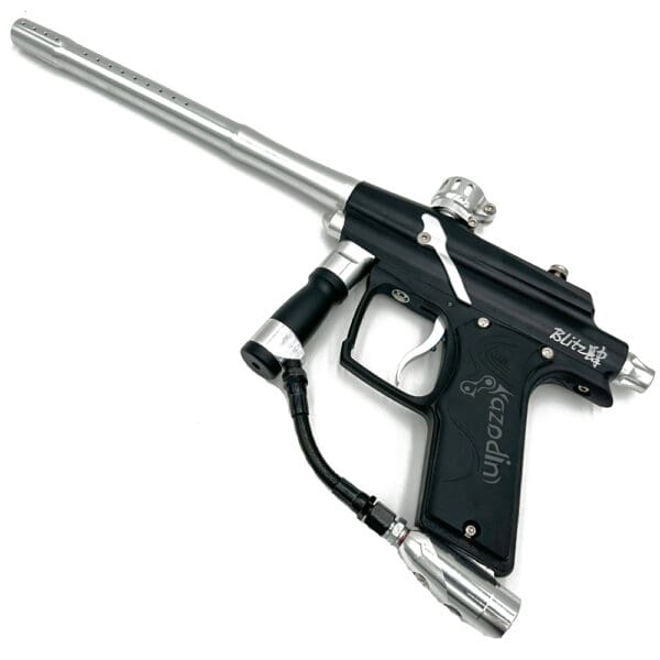 Black and silver paintball gun.