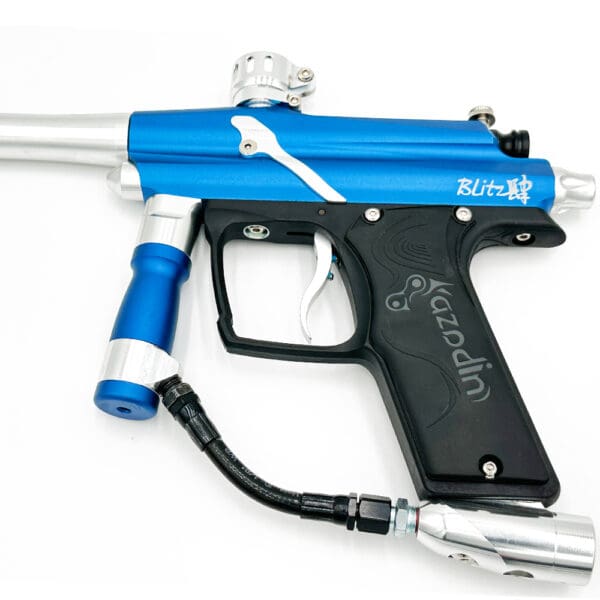 Blue and silver Kazodin Blitz paintball gun.