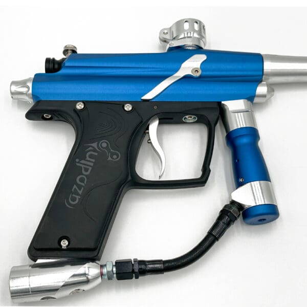 Blue Azodin paintball gun with black grip.