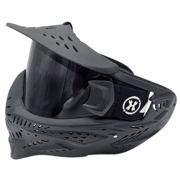 Black paintball mask with visor.