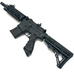 Black AR-15 style rifle with attachments.