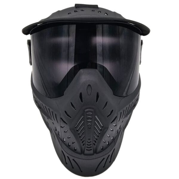 Black paintball mask with visor.