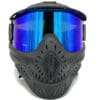 Black paintball mask with blue mirrored lens.