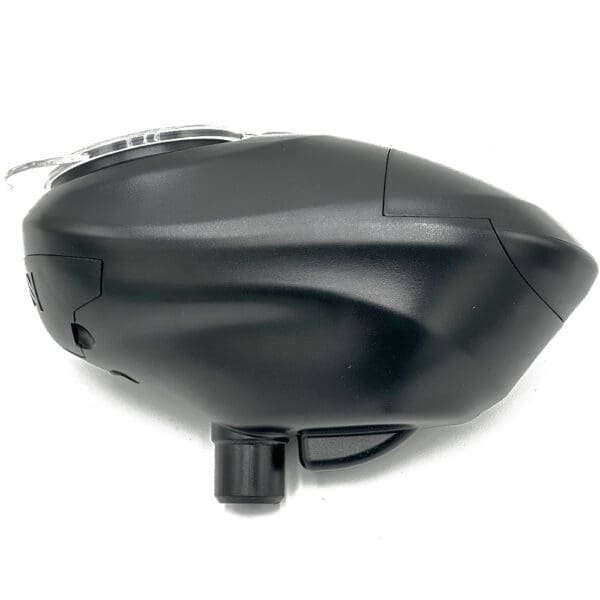 Black paintball hopper with clear lid.