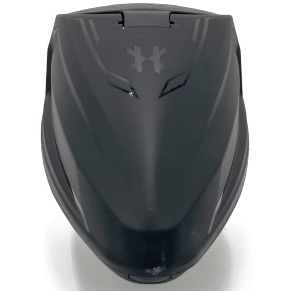 Black paintball hopper with logo.