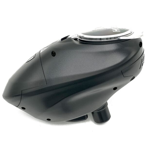 Black paintball hopper with lid open.