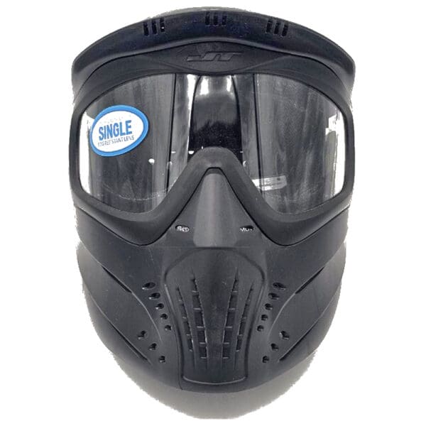 Black paintball mask with clear lens.