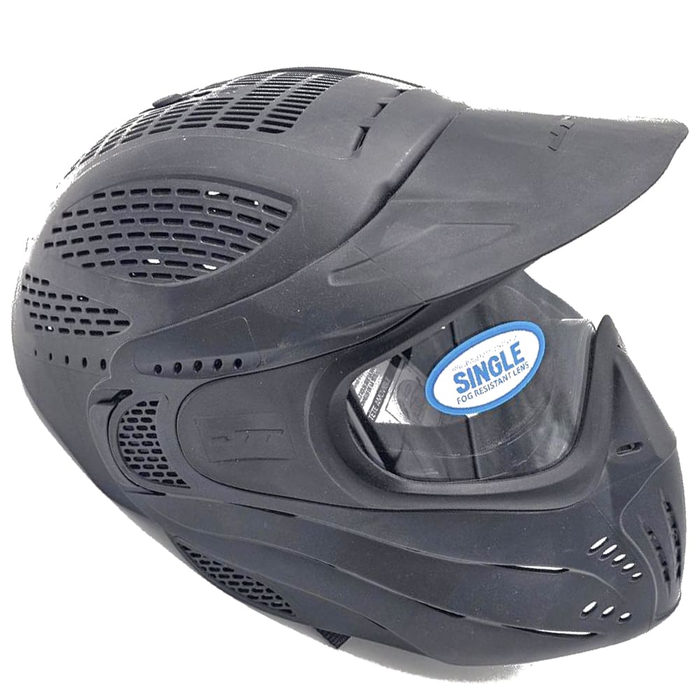 Black paintball mask with single lens.