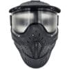 Black paintball mask with clear lens.