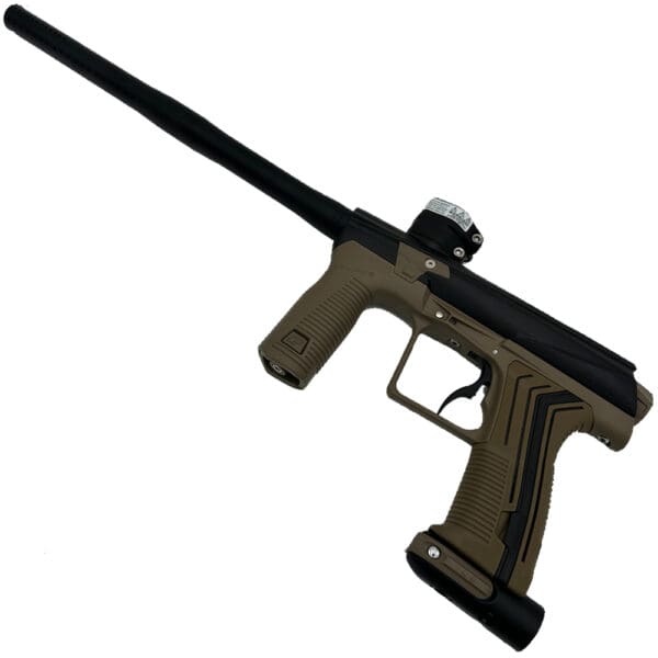 Tan and black paintball marker.