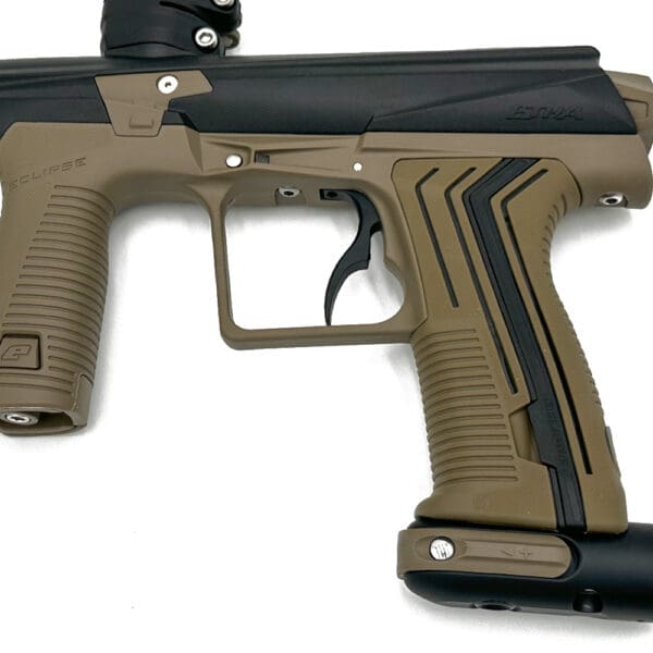 Tan and black Eclipse CS2 paintball gun.