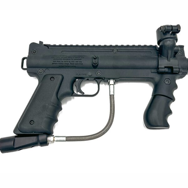 Black paintball gun with hose attached.