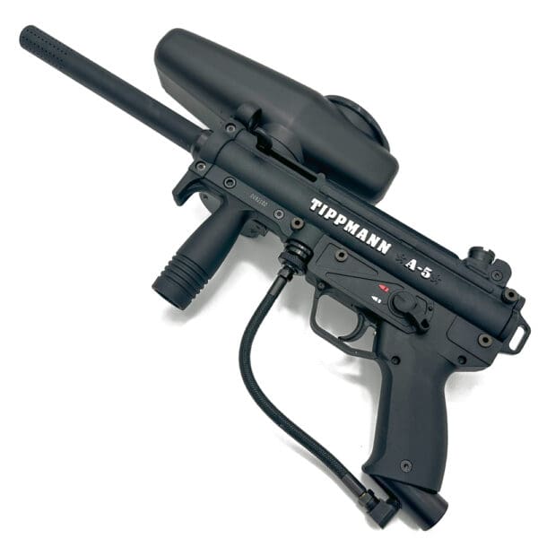 Black Tippmann A-5 paintball gun.